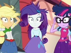 Size: 800x600 | Tagged: safe, screencap, applejack, rarity, sci-twi, twilight sparkle, equestria girls, g4, amused, belt, clothes, cowboy hat, denim skirt, female, freckles, glasses, hat, looking at you, messy hair, shocked, skirt, stetson