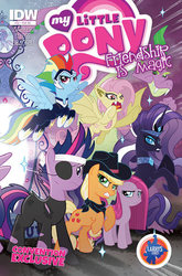 Size: 400x607 | Tagged: safe, idw, applejack, fluttershy, nightmare rarity, pinkie pie, rainbow dash, spike, twilight sparkle, zapp, bat pony, dragon, earth pony, pegasus, pony, unicorn, g4, adult, adult spike, bat ponified, book, book cover, cover, female, flutterbat, future twilight, mane seven, mane six, mare, mirror universe, my little pony logo, older, older spike, pinkamena diane pie, power ponies, race swap, spikezilla, unicorn twilight