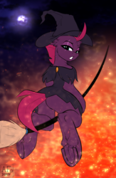 Size: 3326x5104 | Tagged: safe, artist:airfly-pony, tempest shadow, pony, unicorn, rcf community, g4, broken horn, broom, butt, clothes, eye scar, female, flying, flying broomstick, halloween, hat, holiday, horn, looking at you, looking back, looking back at you, mare, moon, night, plot, scar, solo, underhoof, witch, witch hat