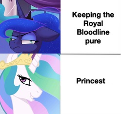 Size: 1197x1120 | Tagged: safe, princess celestia, princess luna, pony, g4, bust, caption, exploitable meme, female, incest, lesbian, meme, ship:princest, shipping, text