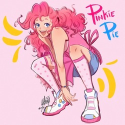 Size: 500x500 | Tagged: safe, artist:laizy-boy, pinkie pie, human, g4, apron, balloonbutt, bracelet, clothes, crouching, cute, diapinkes, female, humanized, jewelry, open mouth, pink background, shoes, simple background, sneakers, socks, solo, text