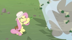 Size: 1920x1080 | Tagged: safe, screencap, fluttershy, pony, daring doubt, g4, female, hat, hive, mare, solo