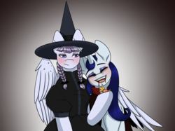 Size: 2732x2048 | Tagged: safe, artist:snows-undercover, inky rose, moonlight raven, pegasus, pony, unicorn, vampire, g4, blood, blushing, candy, cape, clothes, costume, cute, dress, eyes closed, eyeshadow, fangs, female, food, halloween, halloween costume, hat, high res, holiday, hug, lesbian, makeup, mare, nightmare night, open mouth, ship:inkyraven, shipping, skirt, winghug, witch, witch hat