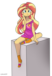 Size: 1522x2222 | Tagged: dead source, safe, artist:wubcakeva, sunset shimmer, human, equestria girls, g4, clothes, female, looking at you, off shoulder, shorts, sitting, socks, solo, striped socks