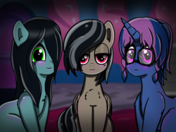 Size: 8000x6000 | Tagged: safe, artist:undisputed, oc, oc only, oc:dahlia do, oc:misty cloud, oc:moonlight wish, pony, bed, bedroom, bedroom eyes, blushing, female, looking at you, mare, staring into your soul, trio