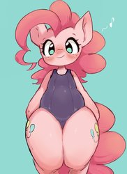 Size: 1493x2048 | Tagged: safe, artist:91o42, pinkie pie, pony, semi-anthro, g4, arm hooves, bipedal, blue background, blushing, both cutie marks, chubby, clothes, cute, diapinkes, female, fupa, looking at you, music notes, one-piece swimsuit, simple background, solo, sukumizu, swimsuit, thighs, thunder thighs