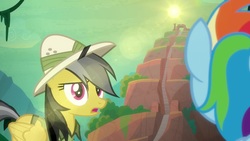Size: 1920x1080 | Tagged: safe, screencap, daring do, rainbow dash, pony, daring doubt, g4, duo, lens flare, temple