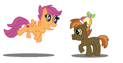 Size: 636x327 | Tagged: safe, artist:theinflater19, button mash, scootaloo, earth pony, pegasus, pony, g4, cutie mark, female, filly, flying, hat, male, propeller hat, scootamash, shipping, simple background, straight, the cmc's cutie marks, white background