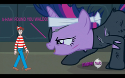 Size: 3748x2351 | Tagged: safe, edit, edited screencap, screencap, twilight sparkle, human, pony, unicorn, g4, it's about time, clothes, dialogue, duo, eyepatch, funny, future twilight, high res, hub logo, sneaking suit, where's waldo