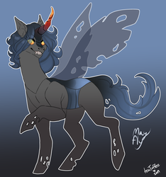 Size: 3248x3464 | Tagged: safe, artist:teatoffee, oc, oc only, oc:mayfly, changepony, hybrid, blank eyes, blue changeling, evil grin, eye clipping through hair, fangs, female, gradient background, grin, high res, interspecies offspring, mare, offspring, parent:king sombra, parent:queen chrysalis, parents:chrysombra, signature, smiling, solo