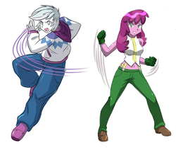 Size: 2096x1776 | Tagged: safe, artist:danmakuman, cheerilee, double diamond, human, equestria girls, g4, belly button, clothes, commission, cosplay, costume, doublecheer, duo, equestria girls-ified, female, king of fighters, male, midriff, pants, shipping, shoes, simple background, straight, vanessa, white background