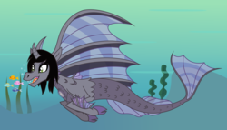 Size: 4057x2327 | Tagged: safe, artist:lightningbolt, derpibooru exclusive, earth pony, fish, pony, siren, g4, .svg available, bubble, carnivore, cloven hooves, curved horn, fangs, fins, fish tail, horn, kellin quinn, male, open mouth, ponified, show accurate, sirens doing siren things, sleeping with sirens, slit pupils, solo, svg, swimming, underwater, vector