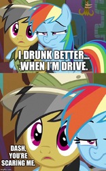 Size: 500x801 | Tagged: safe, edit, edited screencap, screencap, daring do, rainbow dash, pegasus, pony, g4, stranger than fan fiction, bad idea, caption, comic, concerned, drunk, drunk driving, drunker dash, funny, meme, robot chicken, tempting fate, this will end in death, this will end in jail time, this will end in tears, this will end in tears and/or death