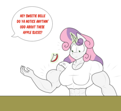 Size: 1280x1165 | Tagged: safe, artist:matchstickman, sweetie belle, unicorn, anthro, tumblr:where the apple blossoms, g4, abs, apple, apple slice, biceps, breasts, busty sweetie belle, clothes, comic, deltoids, dialogue, eating, female, food, levitation, magic, mare, muscle growth, muscles, offscreen character, older, older sweetie belle, pecs, shirt, shocked, simple background, single panel, solo, speech bubble, sweetie barbell, table, telekinesis, torn shirt, tumblr comic, white background