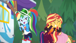 Size: 1280x720 | Tagged: safe, edit, edited screencap, screencap, applejack, fluttershy, rainbow dash, sci-twi, sunset shimmer, twilight sparkle, equestria girls, equestria girls specials, g4, my little pony equestria girls: better together, my little pony equestria girls: sunset's backstage pass, accidental innuendo, accidental spanking, applejack's festival hat, backstage pass, clothes, cute, dashabetes, embarrassed, female, geode of empathy, grin, happy, hat, jacket, magical geodes, outdoors, paddle, rainbow dash's paddle, rv, shorts, smiling, visor