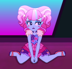 Size: 1120x1080 | Tagged: safe, screencap, kiwi lollipop, equestria girls, equestria girls specials, g4, my little pony equestria girls: better together, my little pony equestria girls: sunset's backstage pass, choker, clothes, cropped, feet, female, k-lo, kneeling, legs, sad, sandals, skirt, solo, stage