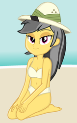 Size: 920x1469 | Tagged: safe, artist:grapefruitface1, daring do, equestria girls, g4, barefoot, beach, bedroom eyes, belly button, bikini, breasts, cleavage, clothes, feet, female, hat, looking at you, ocean, sand, seaside, seductive look, show accurate, smiling, solo, swimsuit