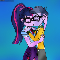 Size: 2320x2324 | Tagged: safe, artist:rdj1995, micro chips, sci-twi, twilight sparkle, human, equestria girls, g4, duo, female, high res, kiss on the lips, kissing, male, microlight, shipping, straight