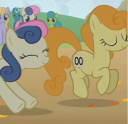 Size: 338x328 | Tagged: safe, screencap, bon bon, carrot top, cloud kicker, golden harvest, lemon hearts, pokey pierce, sweetie drops, earth pony, pegasus, pony, unicorn, fall weather friends, g4, season 1, amused, animation error, background pony, background pony audience, bon bon is amused, clone, cropped, cute, eyes closed, female, mare, mare of a thousand voices, missing horn, running of the leaves, self ponidox, smiling, stretching, sweetie drops is amused, trotting