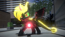 Size: 3840x2160 | Tagged: safe, artist:phoenixtm, oc, oc:phoenix stardash, dracony, hybrid, 3d, angry, blender, city, colored horn, curved horn, cyborg dracony, dracony alicorn, ethereal mane, halloween, high res, holiday, horn, looking at you, minigun, sombra eyes, sombra horn, weapon