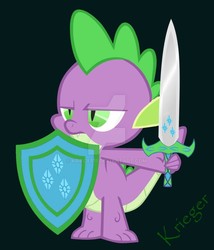 Size: 827x966 | Tagged: safe, artist:krieger11, rarity, spike, dragon, g4, female, green background, implied shipping, implied sparity, implied straight, male, shield, ship:sparity, shipping, signature, simple background, solo, straight, sword, weapon