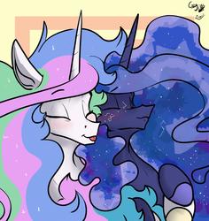 Size: 2010x2126 | Tagged: safe, artist:greyscaleart, princess celestia, princess luna, alicorn, pony, :p, abstract background, colored hooves, constellation freckles, cute, cutelestia, duo, eyes closed, female, freckles, greyscaleart is trying to murder us, hug, lunabetes, mare, royal sisters, sibling love, sisterly love, tongue out