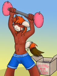 Size: 3024x4032 | Tagged: safe, artist:tacomytaco, oc, oc only, oc:kai, unicorn, anthro, armpits, belly button, box, clothes, eyes closed, gradient background, male, partial nudity, ponified, shorts, solo, sweat, topless, underwear, weight lifting, weights
