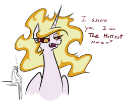Size: 617x501 | Tagged: safe, artist:jargon scott, daybreaker, alicorn, pony, g4, candle, dialogue, fangs, female, innuendo, literal, mane of fire, mare, missing accessory, open mouth, simple background, solo, white background