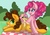 Size: 3508x2480 | Tagged: safe, artist:sweetkllrvane, boneless, cheese sandwich, li'l cheese, pinkie pie, earth pony, pony, g4, season 9, the last problem, family, female, filly, happy, high res, lying down, male, mare, mouth hold, older, older pinkie pie, open mouth, picnic blanket, rubber chicken, ship:cheesepie, shipping, smiling, stallion, straight