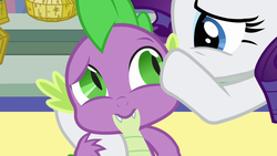 Size: 1280x720 | Tagged: safe, screencap, rarity, spike, dragon, pony, unicorn, g4, the crystal empire, whispering