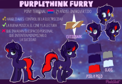 Size: 3145x2162 | Tagged: safe, artist:lilpinkghost, oc, oc:purplethink, earth pony, pony, bisexual, cutie mark, high res, reference sheet, spanish