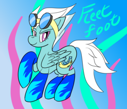 Size: 1309x1121 | Tagged: safe, artist:notadeliciouspotato, fleetfoot, pegasus, pony, g4, abstract background, clothes, female, goggles, lidded eyes, mare, smiling, socks, solo, wings