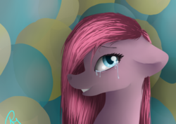 Size: 2960x2100 | Tagged: safe, artist:moon-wing, pinkie pie, earth pony, pony, g4, abstract background, crying, female, floppy ears, high res, mare, pinkamena diane pie, sad, smiling, solo