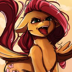 Size: 2000x2000 | Tagged: safe, artist:miokomata, fluttershy, pegasus, pony, g4, badass, badass adorable, blushing, cheek fluff, chest fluff, cute, ear fluff, fangs, female, floppy ears, flutterbadass, freckles, freckleshy, glare, high res, mare, neck fluff, nose wrinkle, open mouth, raised tail, rawr, simple background, smiling, smirk, spread wings, tail, tail fluff, wings, yellow background