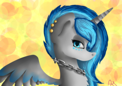 Size: 3496x2480 | Tagged: safe, artist:moon-wing, oc, oc only, oc:moonbeam, alicorn, pony, abstract background, alicorn oc, bust, chains, ear piercing, female, high res, mare, piercing, portrait, solo