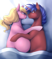Size: 2593x2893 | Tagged: safe, artist:nsfwbonbon, oc, oc only, oc:scarlett, oc:starbolt, pony, unicorn, bed, belly, belly button, blanket, eye contact, female, hairband, high res, looking at each other, male, mare, oc x oc, outie belly button, pregnant, romantic, shipping, stallion, straight