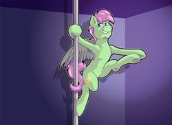 Size: 1024x744 | Tagged: safe, artist:littletigressda, oc, oc only, pegasus, pony, grin, pole dancing, smiling, solo, stripper pole, underhoof