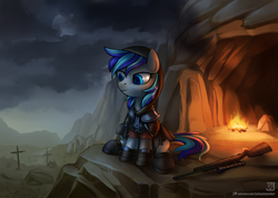 Size: 1514x1080 | Tagged: safe, artist:jedayskayvoker, oc, oc only, oc:hooklined, pony, bonfire, caesar's legion, campfire, cave, cliff, clothes, commission, fire, gun, rifle, scenery, scout, sniper, wasteland, weapon