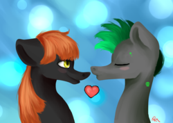 Size: 3496x2480 | Tagged: safe, artist:moon-wing, oc, oc only, oc:aurora blaze, oc:toxic shadow, pony, abstract background, eyes closed, heart, high res, kissing