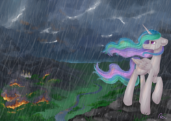 Size: 3496x2480 | Tagged: safe, artist:moon-wing, princess celestia, alicorn, pony, g4, crying, female, fire, high res, looking back, mare, missing accessory, overcast, rain, redraw, remake, solo