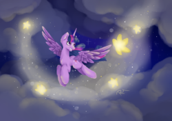 Size: 3496x2480 | Tagged: safe, artist:moon-wing, twilight sparkle, alicorn, pony, g4, cloud, female, flying, high res, mare, smiling, solo, spread wings, stars, twilight sparkle (alicorn), wings
