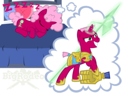 Size: 1032x774 | Tagged: safe, artist:bigrodeo, oc, oc:polygon, pony, unicorn, armor, bed, cloud, conjuring, dream, halberd, magic, pillow, royal guard, weapon