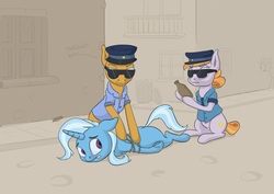 Size: 1280x905 | Tagged: dead source, safe, artist:kozachokzrotom, copper top, trixie, oc, earth pony, pony, unicorn, g4, abuse of power, arrested, bottle, cyrillic, frog (hoof), imminent anal insertion, imminent insertion, lying down, meme, police, police brutality, police pony, police uniform, rope, russian, russian meme, sitting, sunglasses, tied up, underhoof