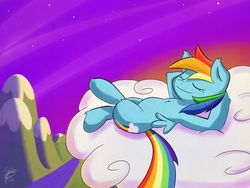 Size: 900x675 | Tagged: safe, artist:badtyke, rainbow dash, pegasus, pony, g4, cloud, female, hooves behind head, lying on a cloud, mare, on back, sleeping, solo, twilight (astronomy)