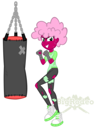 Size: 774x1032 | Tagged: safe, artist:bigrodeo, oc, oc only, oc:polygon, human, equestria girls, g4, afro, curly hair, equestria girls-ified, exercise, fitness, pink, punching bag, solo, spandex