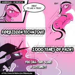 Size: 755x755 | Tagged: safe, artist:lumineko, nightmare moon, oc, alicorn, earth pony, pony, g4, 1000 years of death, blushing, comic, hat, implied horn penetration, implied penetration, naruto, reference, witch hat