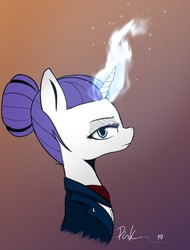 Size: 1503x1979 | Tagged: safe, artist:pinkberry, rarity, pony, unicorn, g4, alternate hairstyle, alternate timeline, ascot, clothes, gradient background, hair bun, looking at you, magic, night maid rarity, nightmare takeover timeline, simple shading, solo, suit