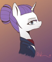 Size: 1544x1846 | Tagged: safe, alternate version, artist:pinkberry, rarity, pony, unicorn, g4, alternate hairstyle, alternate timeline, ascot, clothes, gradient background, hair bun, looking at you, night maid rarity, nightmare takeover timeline, simple shading, solo, suit