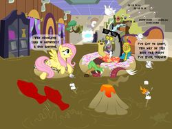 Size: 1024x768 | Tagged: safe, artist:bigrodeo, discord, fluttershy, pegasus, pony, g4, chocolate, donut, food, marshmallow, tea, tea party, volcano