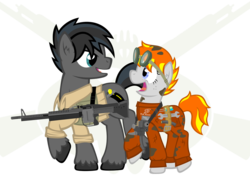 Size: 1032x774 | Tagged: safe, artist:bigrodeo, oc, oc:macadam, oc:road flare, earth pony, pony, clothes, gun, jumpsuit, m249, tools, weapon